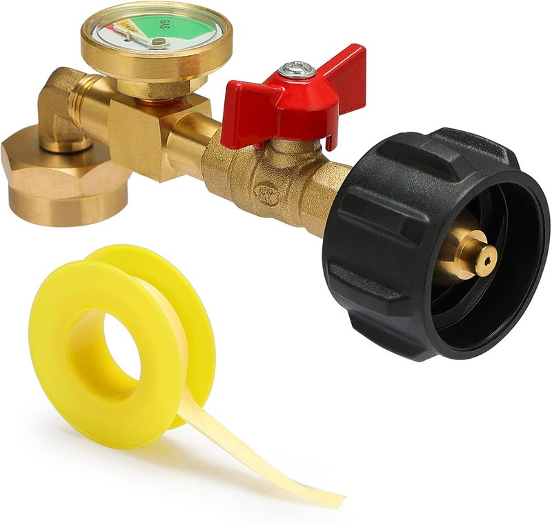 BEEDEFUL Upgraded Propane Refill Adapter with Valve and Gauge, for Filling 1lb Bottles from a 20lb Tank, Fits QCC1/Type1 Propane Tanks and 1lb Disposable Cylinders, Solid Brass, Includes 1x Sealing Tape - Image 1